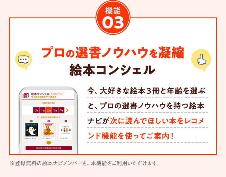 機能03 プロの選書ノウハウを凝縮絵本コンシェル今、大好きな絵本３冊と年齢を選ぶと、プロの選書ノウハウを持つ絵本ナビが次に読んでほしい本をレコメンド機能を使ってご案内！※登録無料の絵本ナビメンバーも、本機能をご利用いただけます。